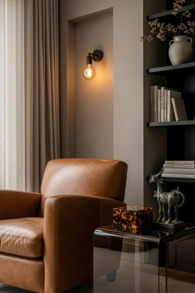 Chic Ideas for a Brown Apartment Aesthetic 24 Sophisticated reading corner with a cognac leather armchair, amber glass side table, vintage-style sconce, and black shelves filled with books and decor—evoking a curated brown apartment aesthetic.