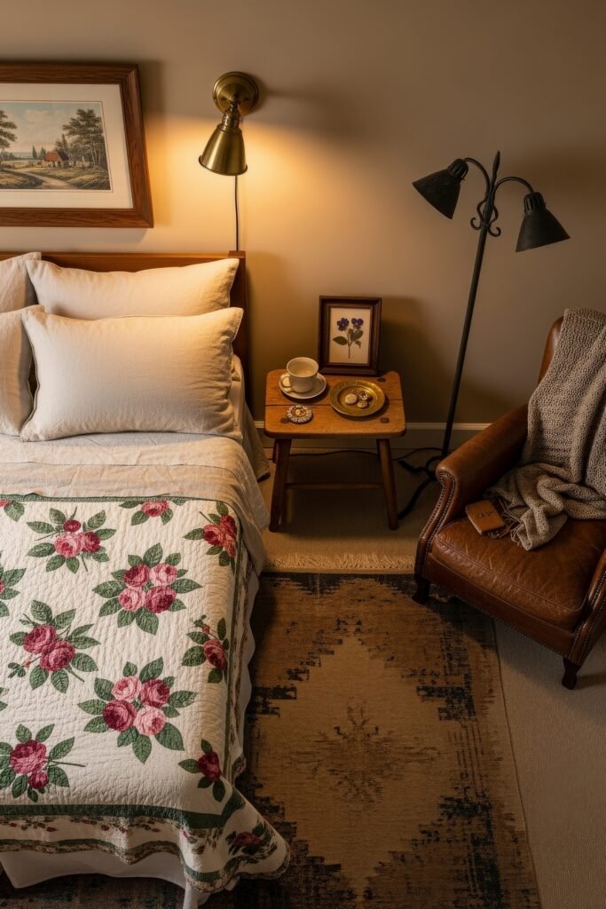 Soft & Stylish: Cozy Bedroom Ideas for an Effortless Retreat 29 Country-style bedroom with a floral quilt, white bedding, wooden side table with tea and pastries, and a leather armchair draped with a knit throw.