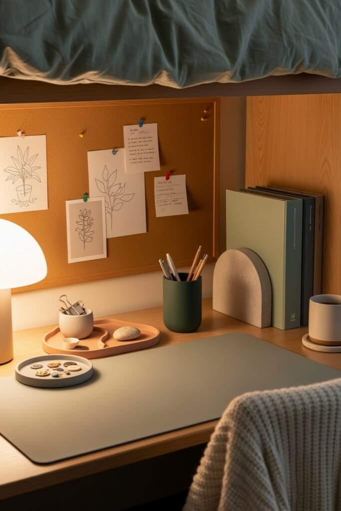 Dorm desk organization ideas for a chic glow-up 21 Minimal dorm desk setup with a mushroom lamp, corkboard pinned with plant sketches, green-toned bookends, and simple stationery.