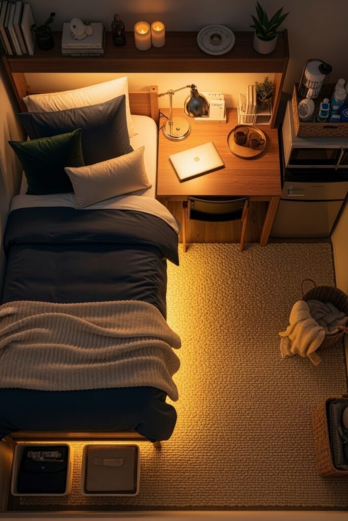 Dorm Room Ideas for Guys That Feel Grown 21 Cozy dorm bedroom glow-up with navy bedding, layered pillows, a knit throw, and warm ambient lighting from candles, desk lamp, and under-bed glow, paired with a wood desk holding a laptop and mugs.