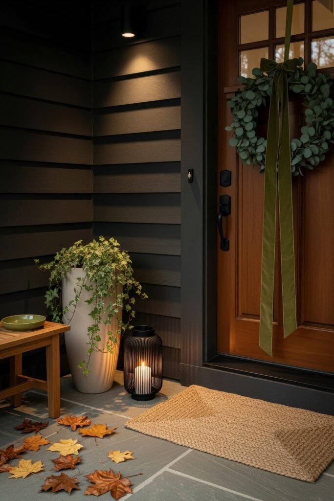 Cozy Entry Glow: Fall Porch Ideas to Try 26 Cozy porch with a wooden door, eucalyptus wreath, ivy planter, black lantern, and fallen autumn leaves across the stone floor.