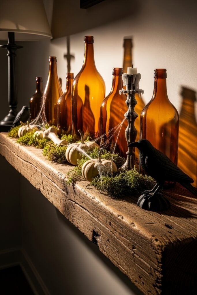 Chic Farmhouse Halloween: 13 Cozy, Stylish Decor Ideas 21 Rustic wooden shelf decorated with amber glass bottles, mini white pumpkins, moss, faux cobwebs, crow figurines, and a dripping candle on a gothic-style holder for moody farmhouse Halloween décor.
