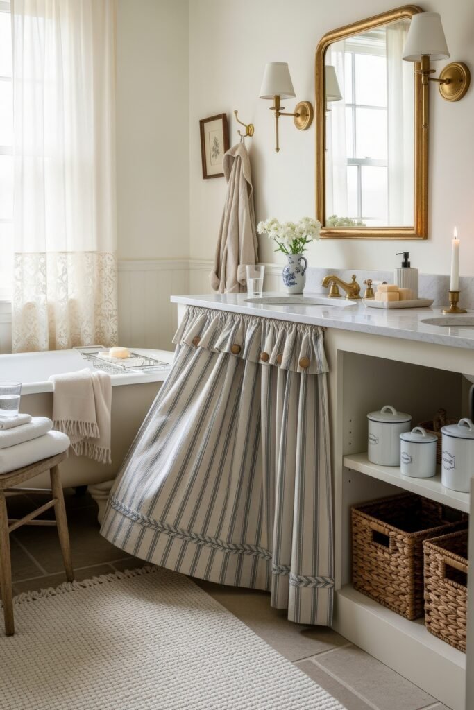 Elegant Ways to Layer french vintage bathroom décor 23 Charming bathroom with a striped vanity skirt, clawfoot tub, marble counter, gold fixtures, and floral accents that highlight a warm vintage bathroom decor.