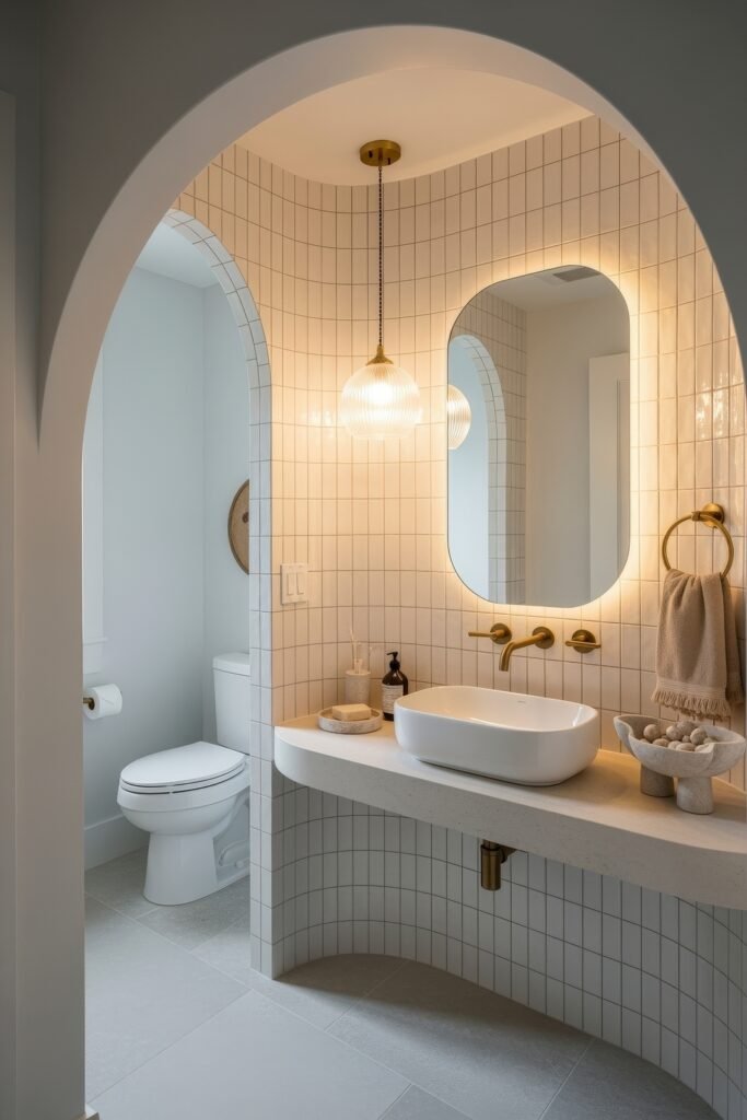 Half Bathroom Decor, Elevated: Jewel-Box Ideas 27 Elegant half bathroom design with arched tiled walls, backlit mirror, vessel sink, and warm pendant light.