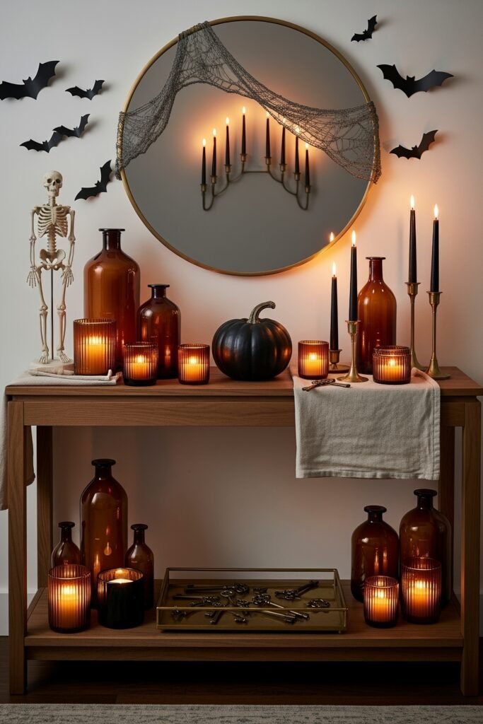 Spooky-Chic Magic: halloween home décor Ideas You’ll Love 26 Console table with amber glass candle holders, a black pumpkin, brass keys, and a skeleton figurine under a round mirror draped in cobwebs.