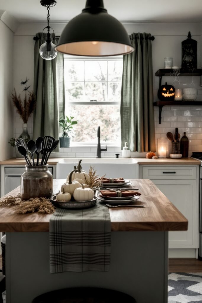 Fresh Ideas for your halloween kitchen 24 A bright kitchen with a wooden island set for fall dining, decorated with white pumpkins, rustic plates, and candles, while a glowing jack-o’-lantern sits on the back shelf.