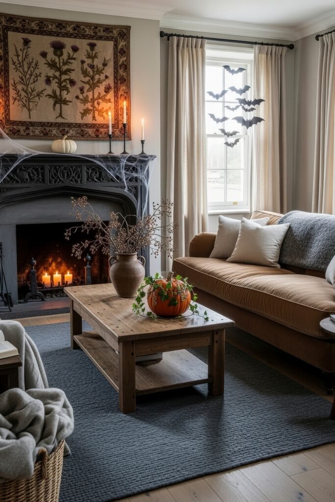 Stylish halloween living room Ideas: 15 Fresh Styles 27 Warm halloween living room with carved pumpkin, rustic wooden table, cobwebs, and bat silhouettes by the window.