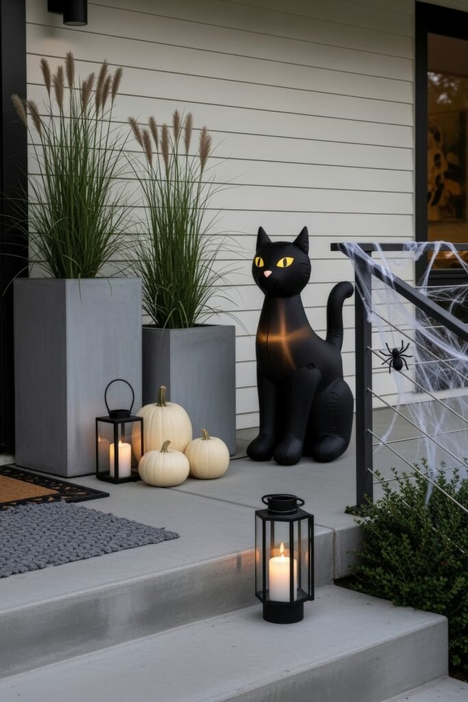 Spooky-Chic halloween porch ideas for Instant Curb Appeal 26 Modern entryway styled with a tall inflatable black cat, glowing yellow eyes, white pumpkins, cobwebs, and lanterns for Halloween.