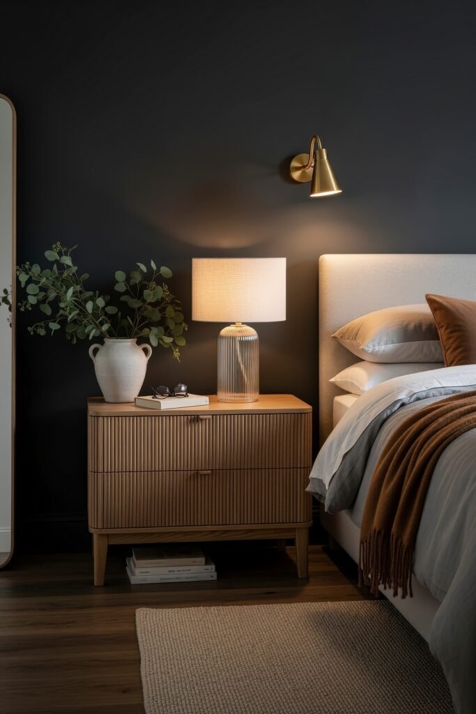 Ideas to Nail a Luxury Apartment Aesthetic 25 Bedroom vignette with a ribbed wooden nightstand, neutral bedding, and layered warm-toned blankets, styled with a ceramic vase and glowing wall sconce.