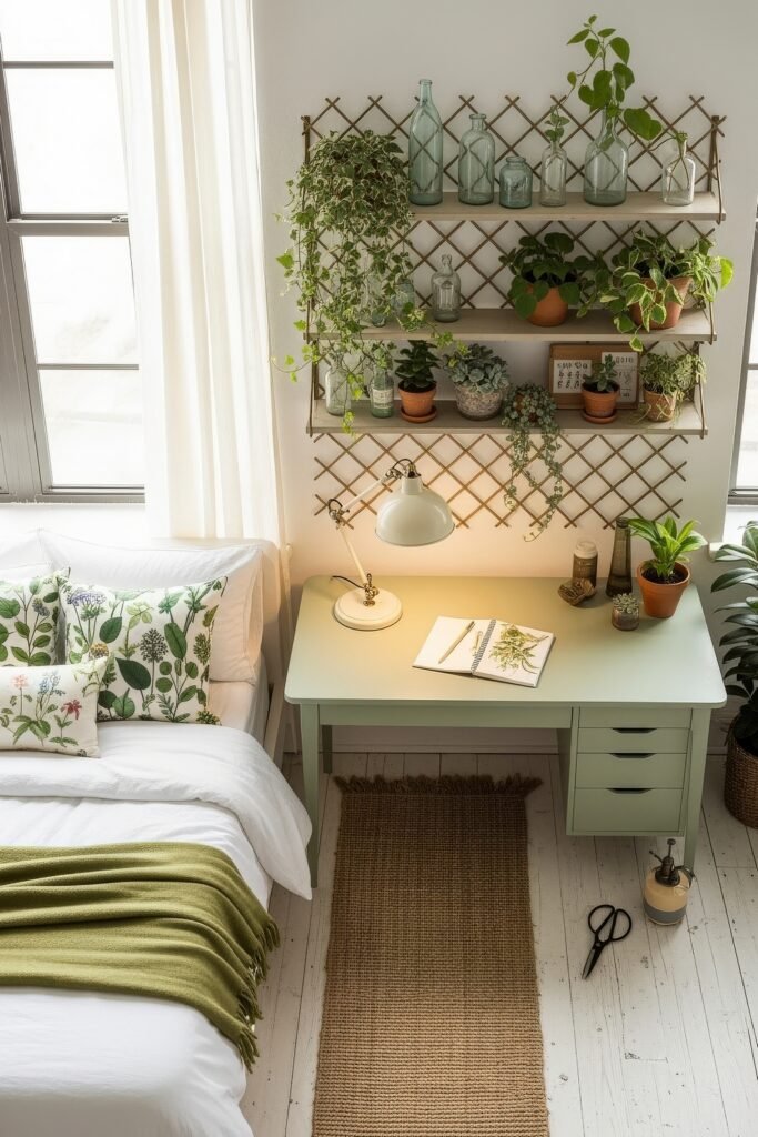 Small Bedroom Office Combo Ideas That Actually Look Chic 31 A bright bedroom corner with a mint-green desk, white lamp, and potted plants on shelves against a trellis backdrop, paired with a bed featuring white bedding and botanical-print pillows.