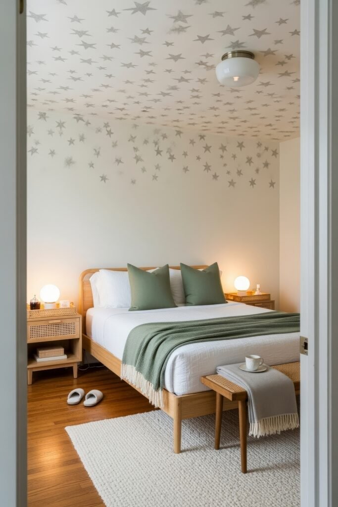 Small Bedroom Style Ideas: 15 Chic Looks That Work 32 Cozy small bedroom style with sage green pillows and throw, star-patterned ceiling, and warm bedside lighting.
