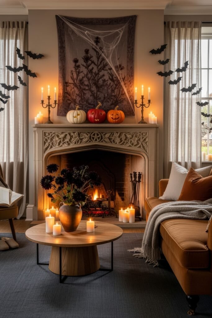 Stylish halloween living room Ideas: 15 Fresh Styles 28 Spooky-Chic Halloween Home with ornate fireplace, glowing jack-o’-lanterns, black candles, bat silhouettes, and clusters of candles.