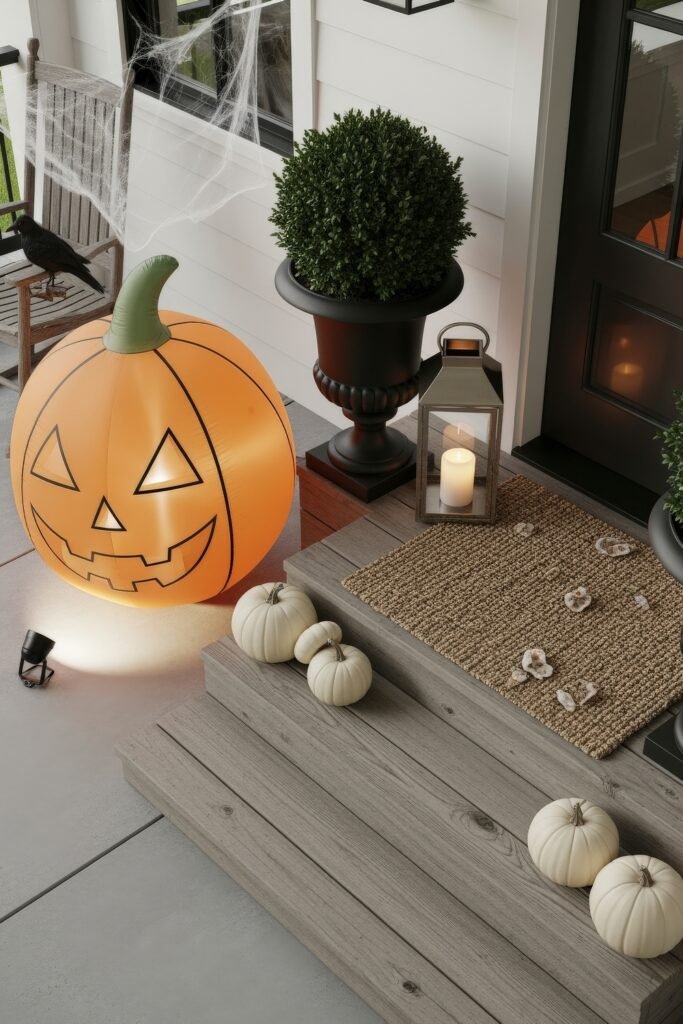 Spooky-Chic halloween porch ideas for Instant Curb Appeal 27 Porch decorated with a large glowing inflatable jack-o’-lantern, white pumpkins, lantern, cobwebs, and a black crow perched on a rocking chair.