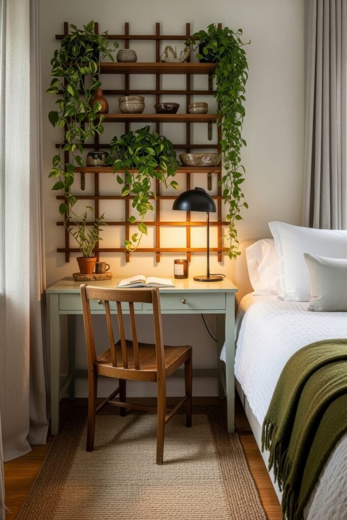 Small Bedroom Office Combo Ideas That Actually Look Chic 32 A cozy bedroom corner with a mint-green desk, wooden chair, black lamp, and a trellis shelf decorated with plants and pottery, beside a bed with white bedding and a green throw blanket.