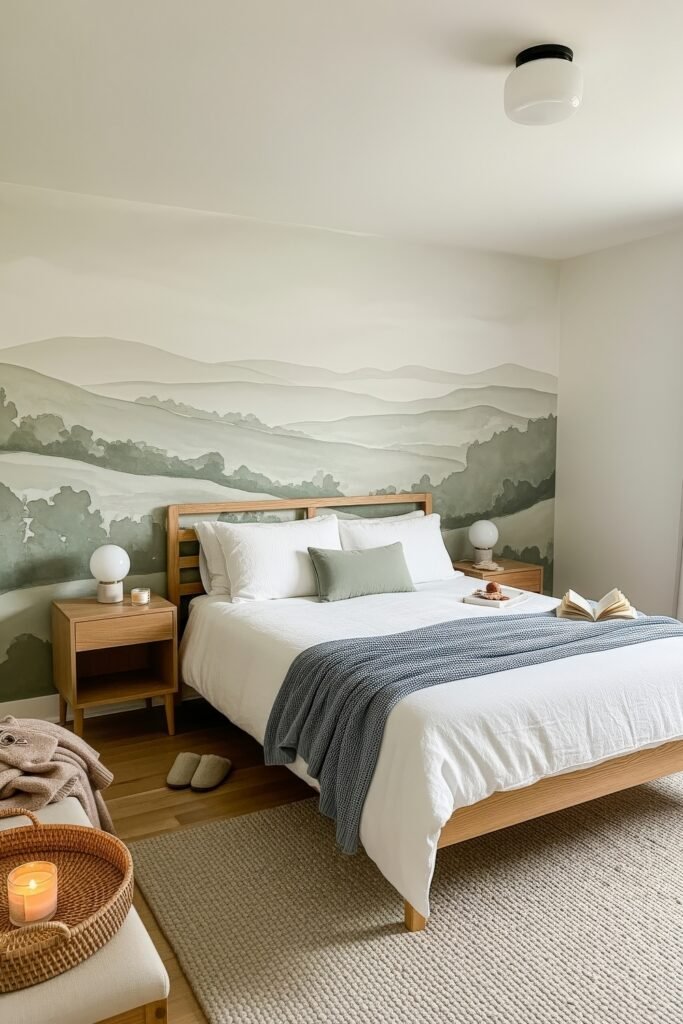 Small Bedroom Style Ideas: 15 Chic Looks That Work 33 Light-filled bedroom with a soft green landscape mural, white bedding, and a textured blue throw for a calm, nature-inspired look.