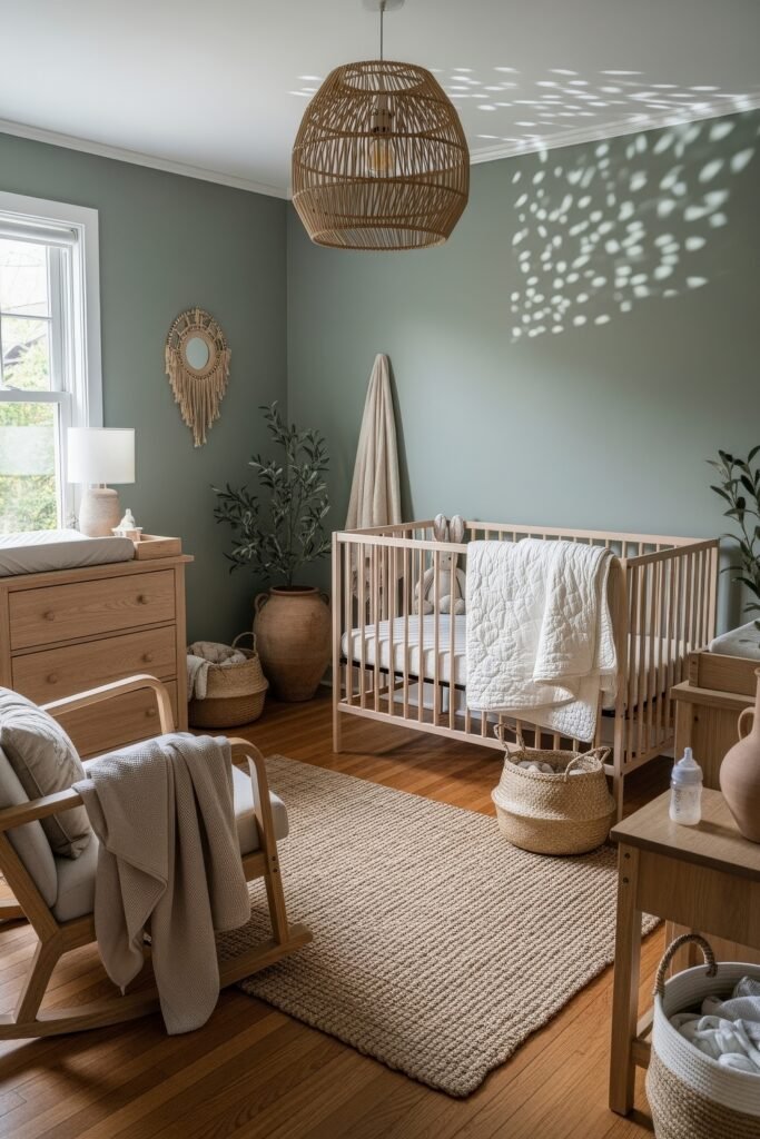 Dreamy & Stylish Baby Nursery Ideas for Girl 23 Nature-inspired nursery with sage green walls, light wood crib, woven accents, and leafy plants, creating a warm earthy retreat.