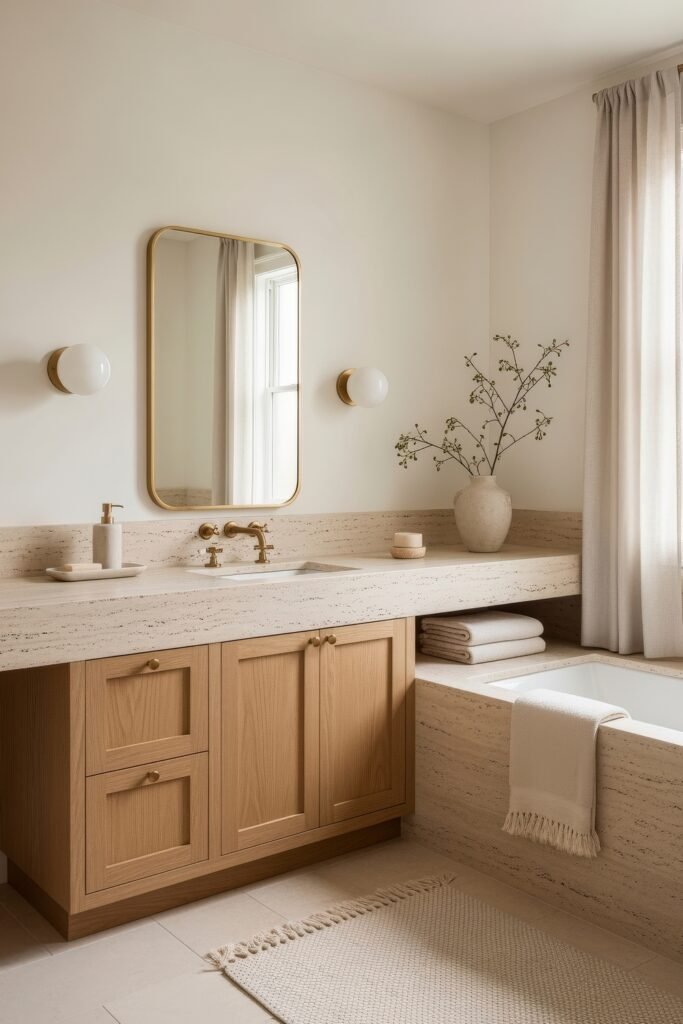 Bathroom Decor Ideas for Calm, Color, and Character 17 Serene bathroom with light wood cabinetry, travertine countertop, brushed gold fixtures, and soft natural light, showcasing warm minimalist bathroom decor ideas.
