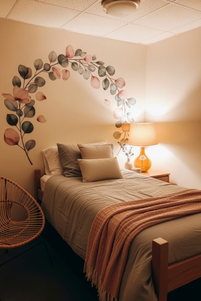 Trend-Forward dorm wall décor Ideas 25 Warm dorm bedroom with floral arch wall décor painted above the bed, soft taupe bedding, a coral throw blanket, and an amber lamp adding a gentle glow.