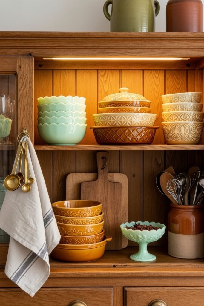 Fresh farmhouse fall decor Ideas for a Cozy, Modern Home 27 Wooden kitchen hutch with vintage patterned mixing bowls, glassware, cutting boards, and utensils, styled with warm farmhouse fall decor.