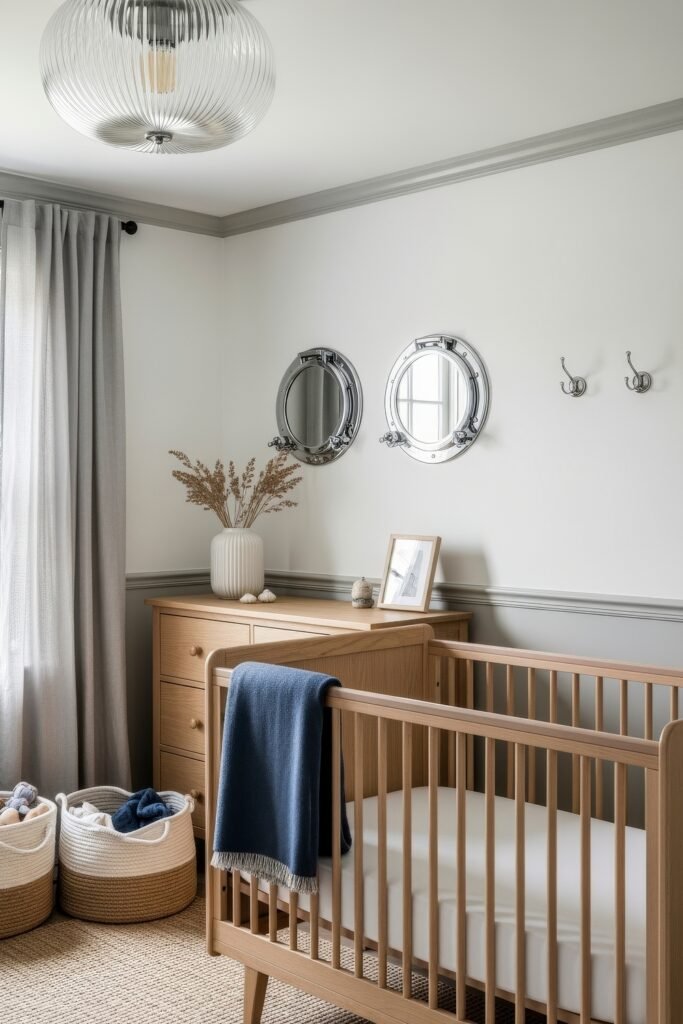 Fresh nautical nursery ideas for a calm, stylish baby room 24 Minimalist nautical nursery with wood crib, navy blanket, woven storage baskets, and round porthole-style mirrors on the wall.