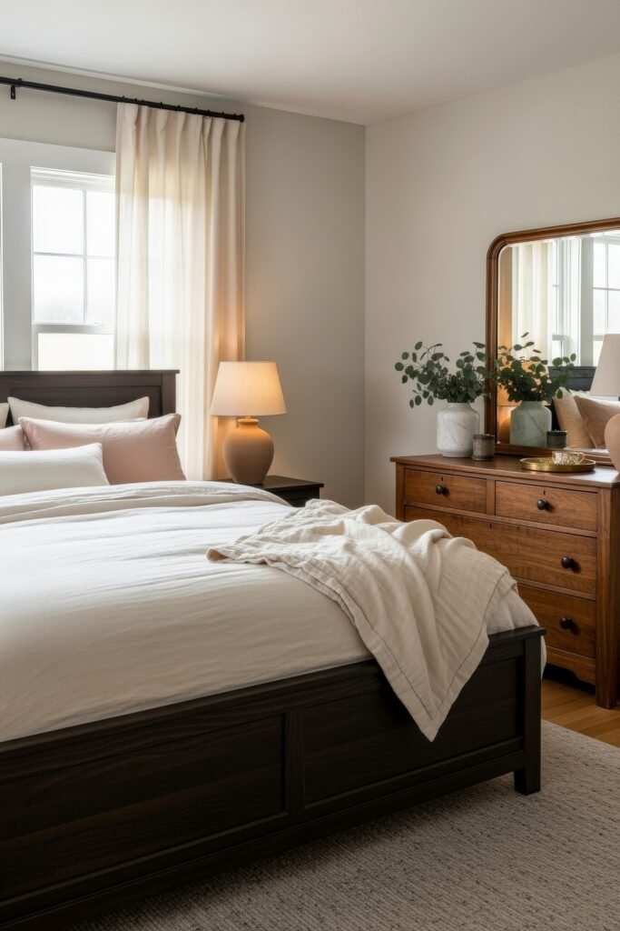 Sweet Ideas for a Romantic Cozy Farmhouse Bedroom 23 Minimal cozy bedroom with a dark wood bed, white bedding, blush pillows, and a wooden dresser adorned with greenery in marble vases.