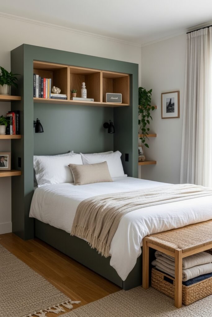 Smart, Stylish Storage Ideas for Small Bedrooms 27 Modern bedroom with a green built-in headboard frame, overhead storage cubbies, and a woven bench for blankets and baskets.