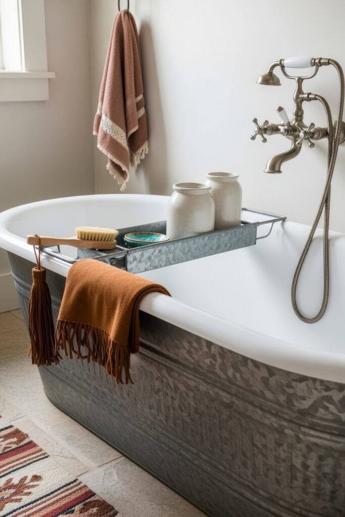 Desert-Modern Magic: Western Bathroom Decor Ideas 24 Rustic bathroom with a galvanized metal clawfoot tub, terracotta towel, pottery, and a striped southwestern rug adding western bathroom decor charm.