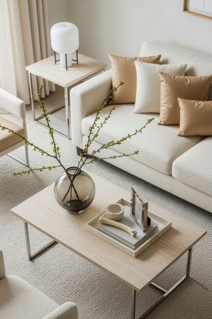 Chic Ideas for Aesthetic Apartment Decor That Feels Effortless 30 Elegant living room in layered neutrals with boucle sofas, tan throw pillows, a glass vase of budding branches, and a light stone coffee table styled with minimal decor.