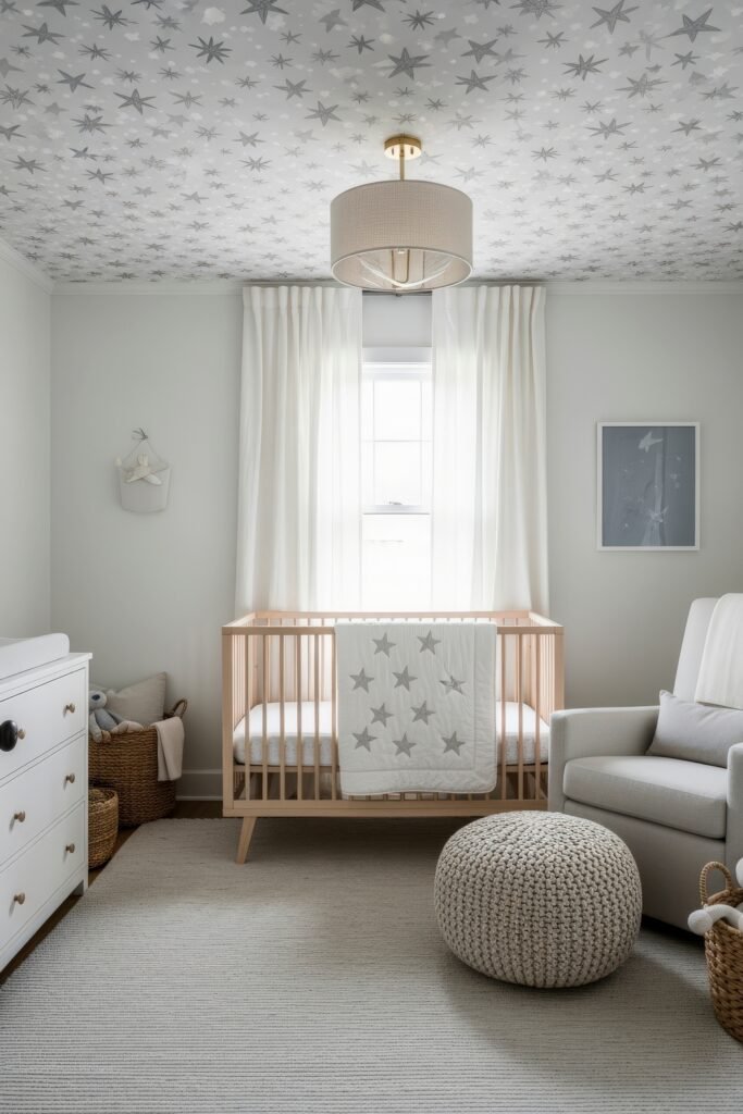 Dreamy Nursery Bedrooms: Baby Nursery Ideas for Boy 25 Dreamy nursery bedroom with star-patterned ceiling, neutral crib, white armchair, and knitted pouf for a celestial-inspired design.