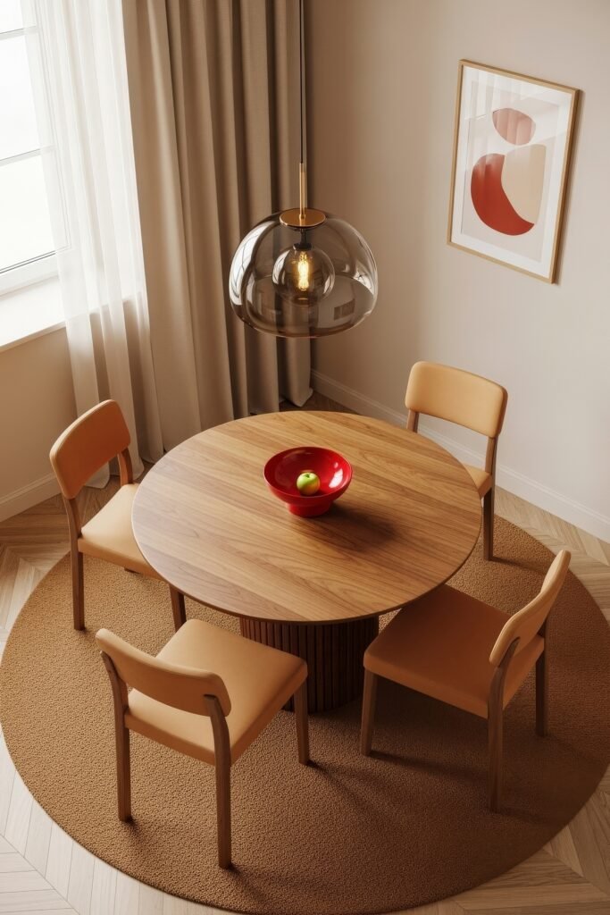 Chic Ideas for a Brown Apartment Aesthetic 25 Minimalist dining area with a round wooden table, camel-colored chairs, a red bowl centerpiece, and a smoky glass pendant light, all grounded by a circular brown rug—mid-century inspired brown apartment aesthetic.