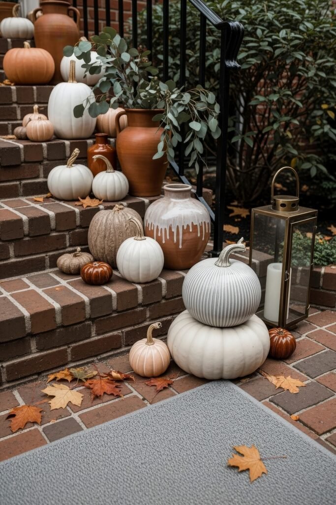 Cozy Entry Glow: Fall Porch Ideas to Try 27 Brick steps decorated with terracotta vases, stacked pumpkins in neutral tones, eucalyptus, and a brass lantern for fall porch ideas.
