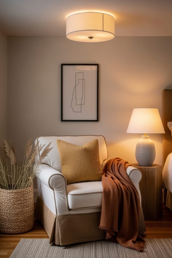 Fresh farmhouse fall decor Ideas for a Cozy, Modern Home 28 Cozy reading nook with a white armchair, mustard pillow, rust throw, woven basket of grasses, and a wooden side table with a lamp, styled in fall decor tones.