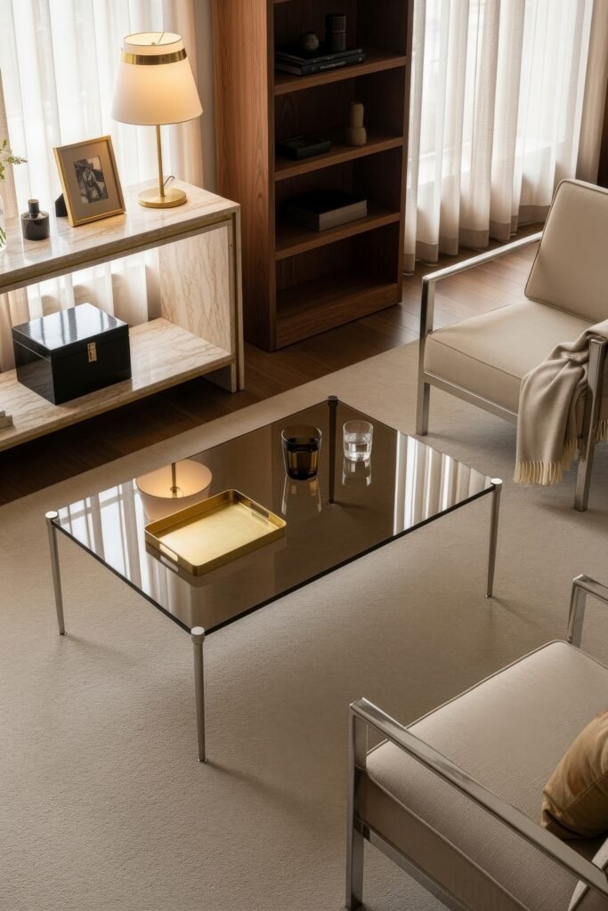 Ideas to Nail a Luxury Apartment Aesthetic 26 Living room with a smoked glass coffee table, golden tray, and neutral armchairs, styled with marble and wood accents for a refined look.