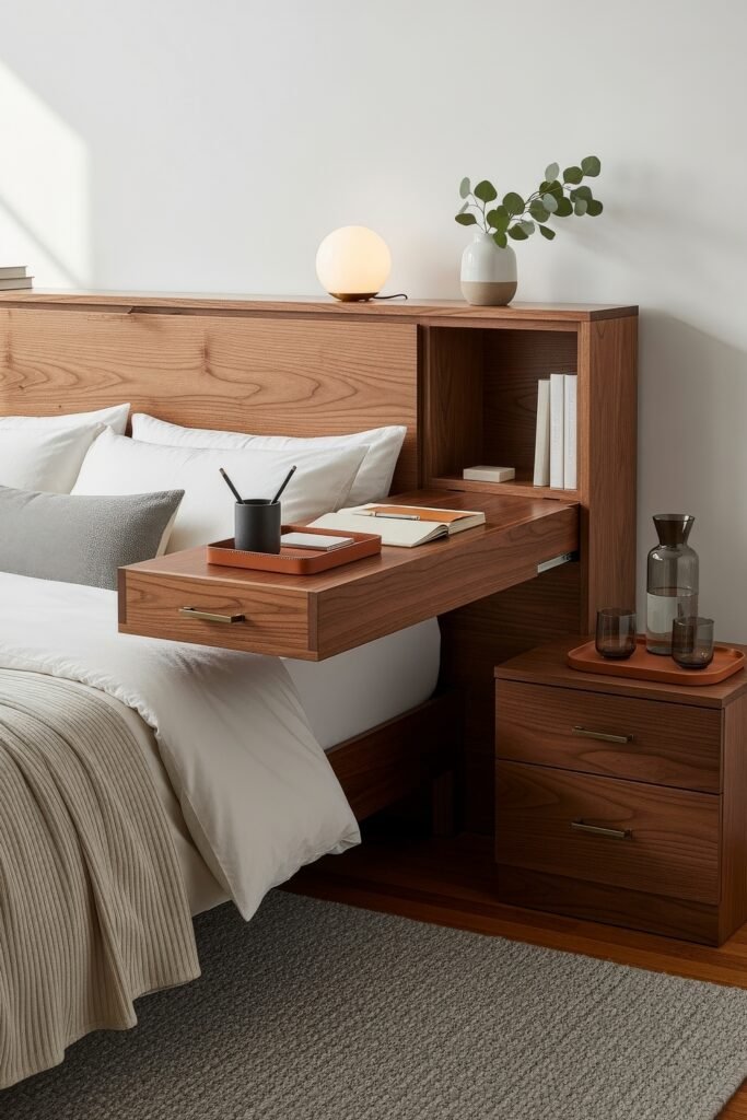Small Bedroom Office Combo Ideas That Actually Look Chic 33 A modern bedroom with a wooden headboard incorporating a pull-out writing surface, decorated with a leather tray, notebook, and small decor, next to a matching nightstand.