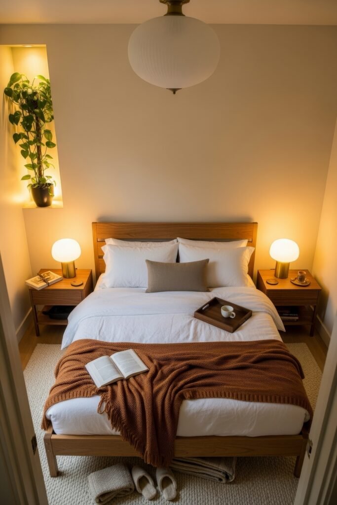 Small Bedroom Style Ideas: 15 Chic Looks That Work 34 Warm and inviting small bedroom with amber lighting, burnt orange knit throw, and white bedding, accented by a potted plant in a wall niche.