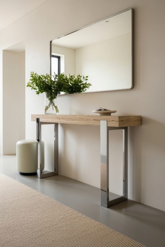 Chic Ideas for Aesthetic Apartment Decor That Feels Effortless 31 Minimal entryway with a travertine console table, chrome legs, oversized mirror, glass vase of greenery, and a rounded cream stool.