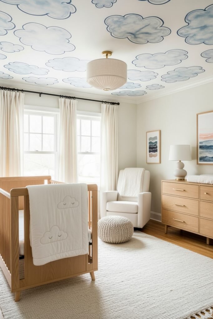 Dreamy Nursery Bedrooms: Baby Nursery Ideas for Boy 26 Bright cloud-themed nursery with whimsical ceiling mural, natural wood crib, white armchair, and light wood dresser for a playful yet serene vibe.