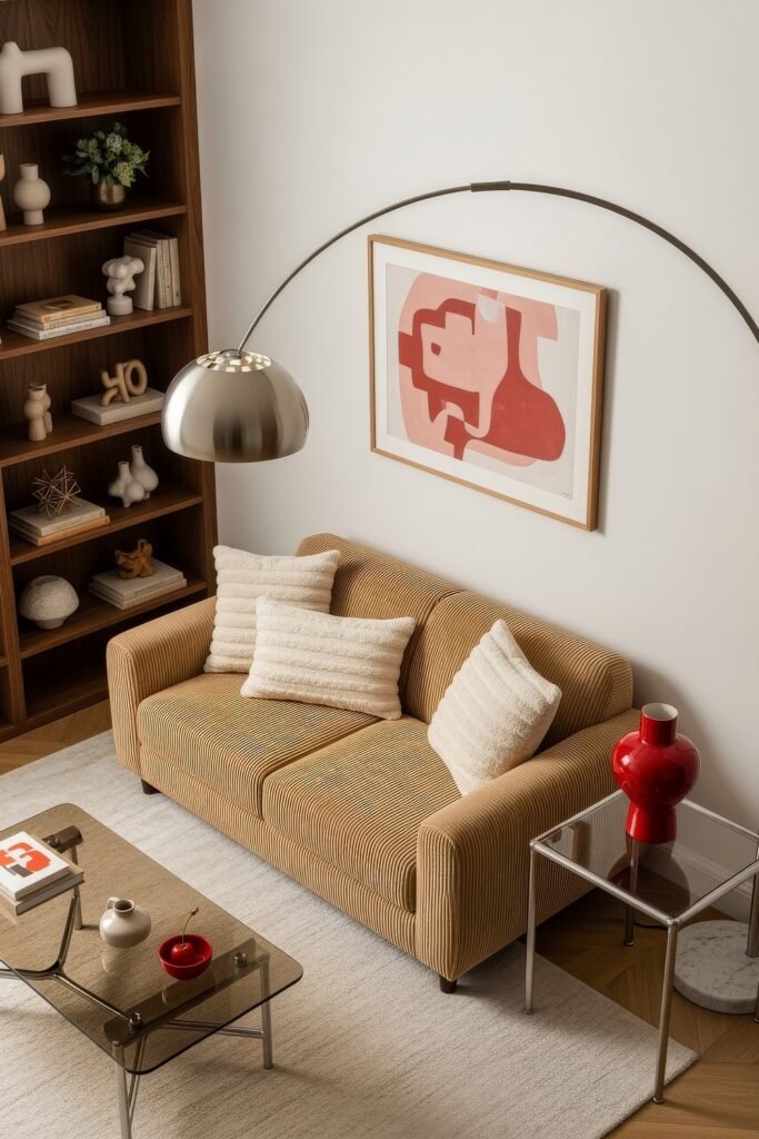 Chic Ideas for a Brown Apartment Aesthetic 26 Artistic living area with a mustard-striped sofa, ivory pillows, red accents, and chrome lighting, set against open shelving and abstract wall art—colorful, creative aesthetic apartment decor.