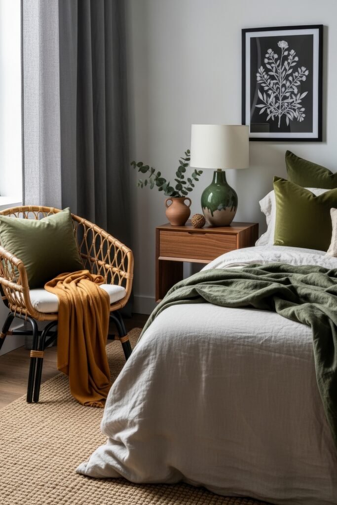 Dreamy Ways to Style a Cozy Boho Bedroom 28 Cozy boho corner with a bed dressed in sage green linen, rattan chair draped in a golden throw, wooden nightstand with greenery, and earthy tones throughout the room.