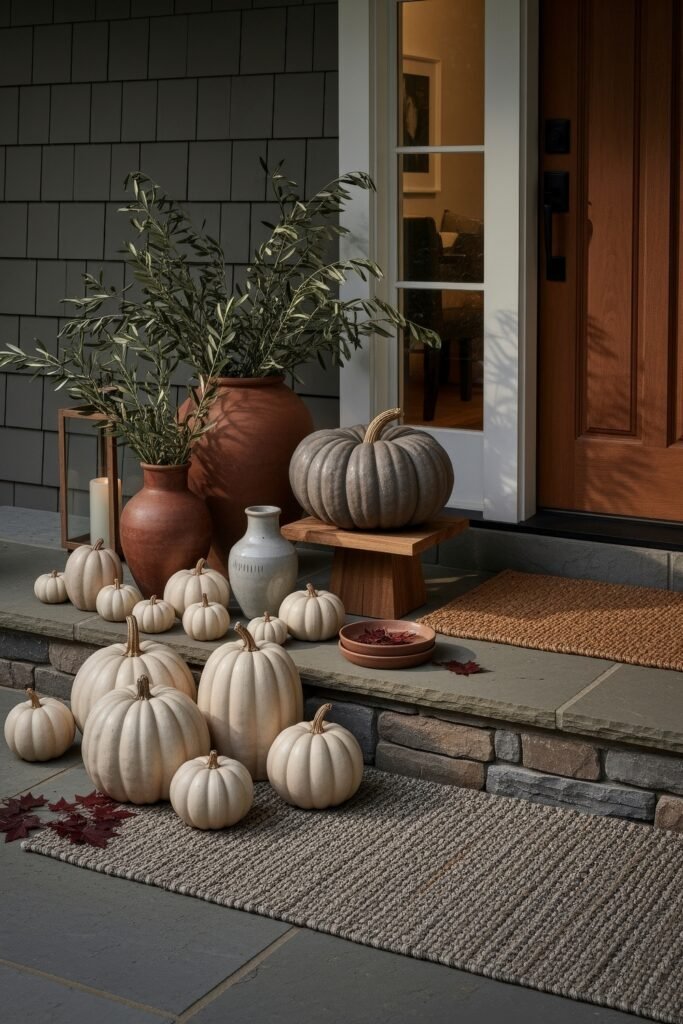 Cozy Entry Glow: Fall Porch Ideas to Try 28 Stone porch with clusters of cream pumpkins, terracotta pots, olive branches, and candles for a welcoming fall decor style.