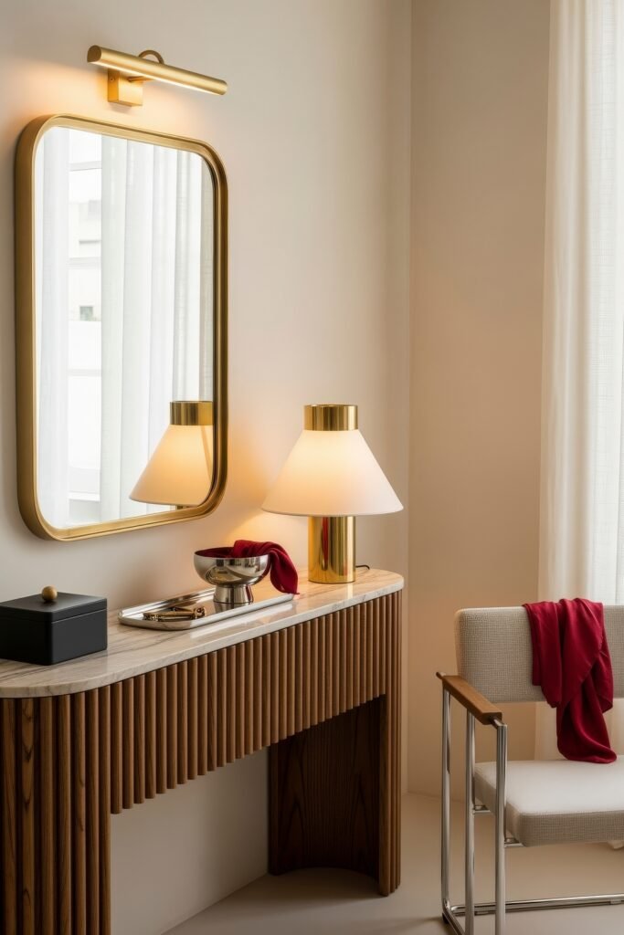 Ideas to Nail a Luxury Apartment Aesthetic 27 Vanity corner with a ribbed wood console, marble top, brass-framed mirror, and contemporary lamp, paired with a minimalist chair.