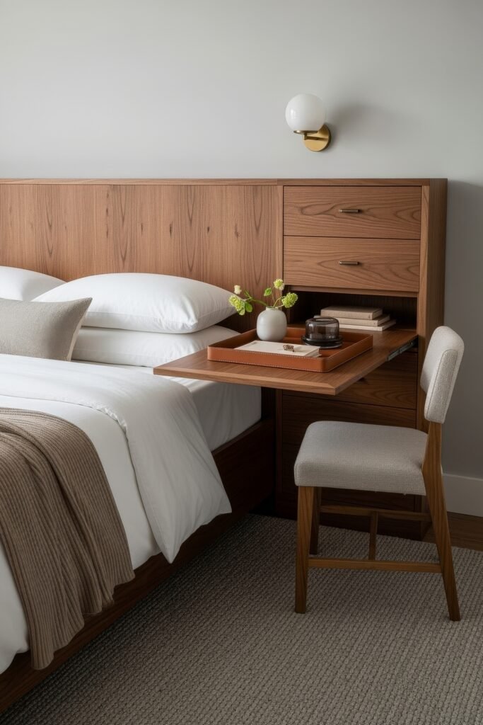 Small Bedroom Office Combo Ideas That Actually Look Chic 34 A minimalist bedroom with a built-in wooden pull-out desk in the headboard, set with a leather tray, vase with flowers, and books, alongside a cushioned wooden chair.