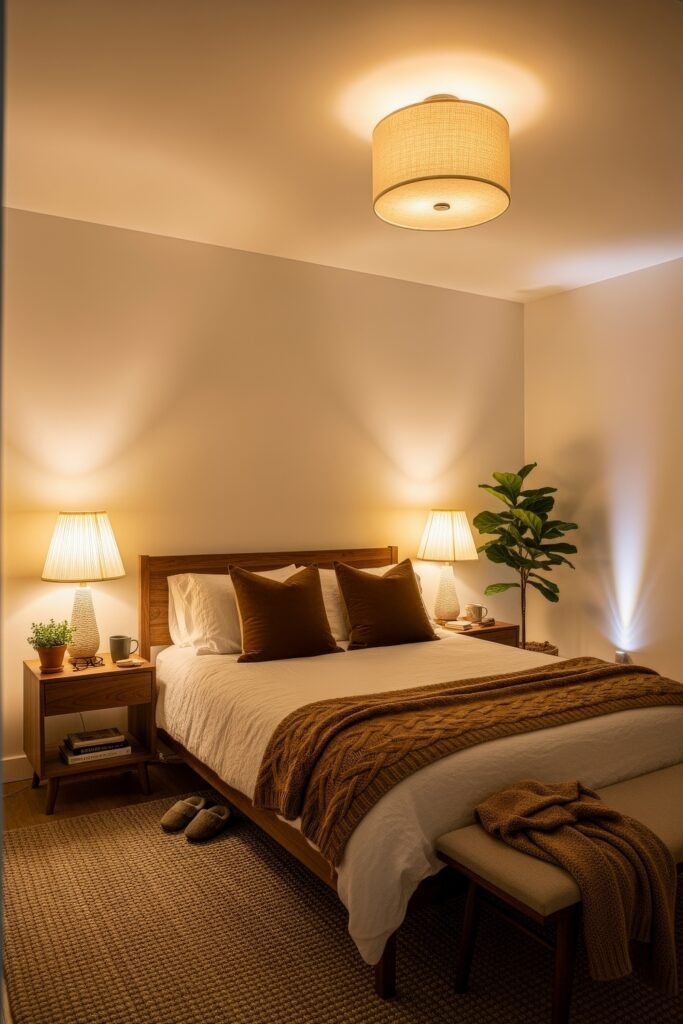 Small Bedroom Style Ideas: 15 Chic Looks That Work 35 Relaxed small bedroom idea with layered white and caramel-toned bedding, cable-knit throw, and soft warm lighting from twin bedside lamps.