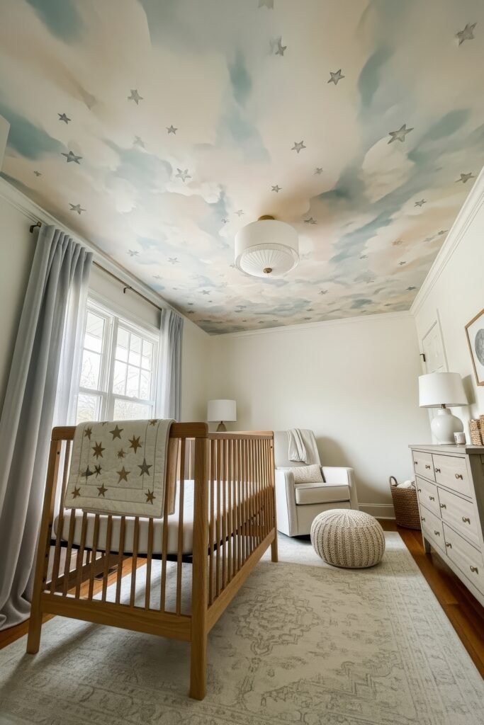 Dreamy Nursery Bedrooms: Baby Nursery Ideas for Boy 27 Star and cloud-inspired nursery with a soft sky mural on the ceiling, natural wood crib, and neutral furnishings for a dreamy atmosphere.