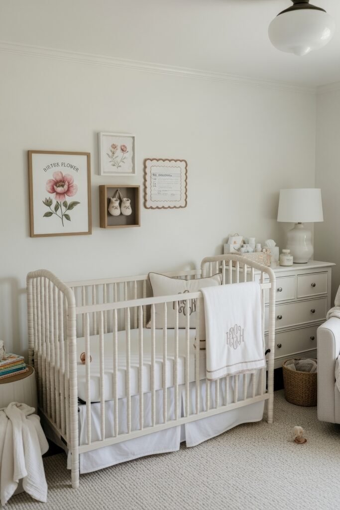 Dreamy & Stylish Baby Nursery Ideas for Girl 24 Elegant white nursery with a spindle crib, floral artwork, and monogrammed linens, styled with a soft vintage charm.