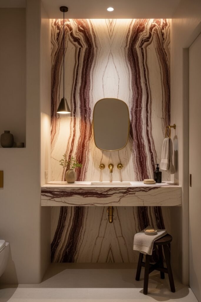 Bathroom Decor Ideas for Calm, Color, and Character 18 Luxurious bathroom with dramatic red-veined marble wall and counter, gold fixtures, moody lighting, and sculptural elements—ideal for bold and artistic bathroom decor.