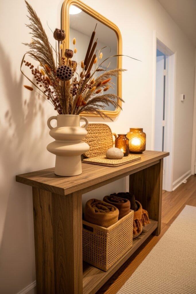 Cozy Boho Fall Decor: Ideas for Warm, Collected Style 30 Wooden hallway console decorated with a sculptural vase of dried grasses, amber candles, woven accents, and rolled throws below for fall-inspired warmth.