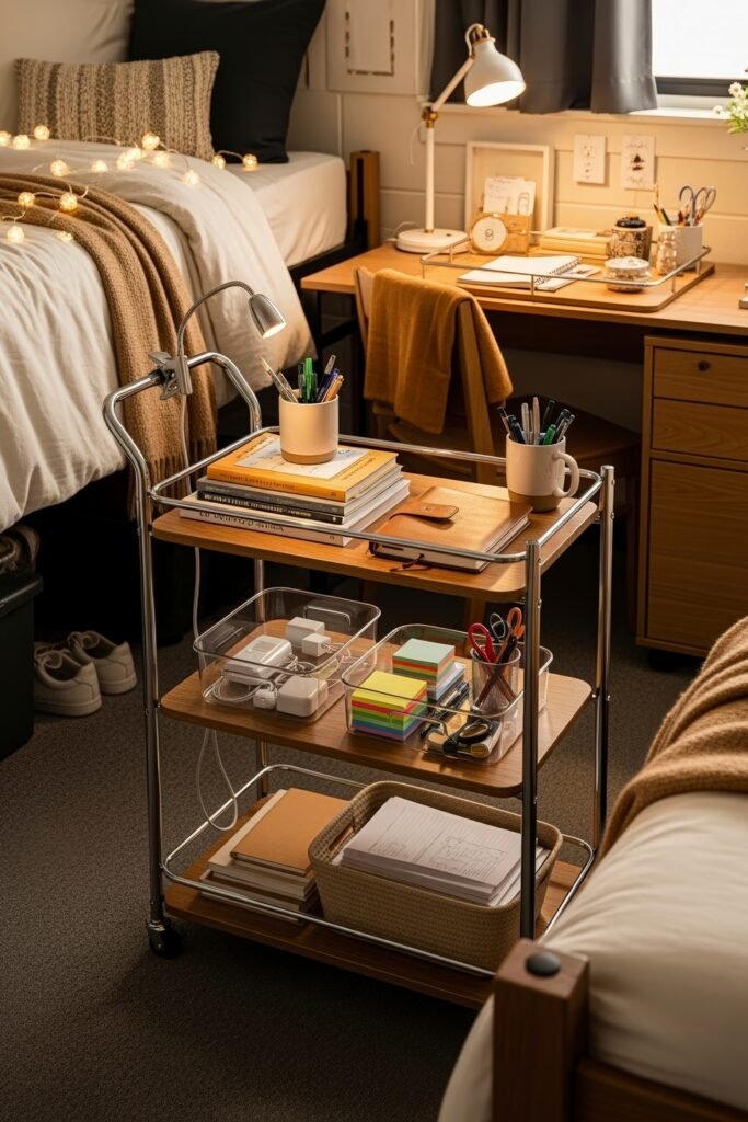 Dorm desk organization ideas for a chic glow-up 22 Cozy dorm bedroom glow-up with a rolling cart full of notebooks, pens, chargers, and supplies beside a neatly organized wooden desk.