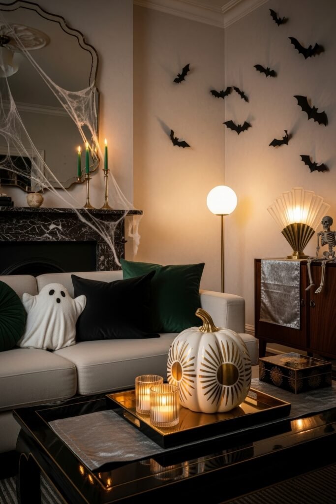 Spooky-Chic Magic: halloween home décor Ideas You’ll Love 27 Living room with a white pumpkin painted with gold sunburst designs, ghost pillow, cobweb-draped mirror, and bat wall accents for a glamorous Spooky-Chic Halloween Home.