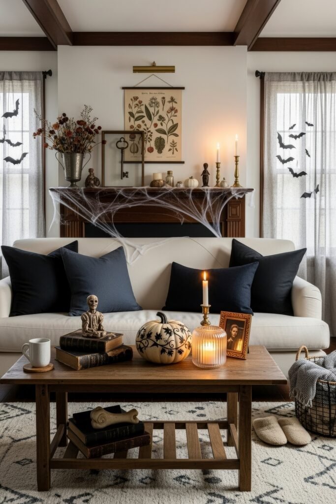 Stylish halloween living room Ideas: 15 Fresh Styles 29 Halloween living room styled with vintage details, illustrated botanical art, cobwebs, decorated pumpkins, and a small skeleton figurine.